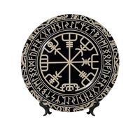 PHAYAH Bone China Decorative Plates with Stand Magical Design Norse Runes Compass Pattern Round Display Plate for Kitchen Dining Room Wine Cabinet Home Decor 8in