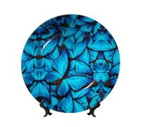 PHAYAH Bone China Decorative Plates with Stand Many Blue Butterfly Pattern Round Display Plate for Kitchen Dining Room Wine Cabinet Home Decor 7in