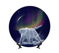 PHAYAH Bone China Decorative Plates with Stand Northern Lights Polar Bear Pattern Round Display Plate for Kitchen Dining Room Wine Cabinet Home Decor 6in
