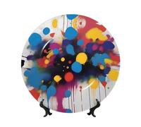 PHAYAH Bone China Decorative Plates with Stand Painting Ink Splash Pattern Round Display Plate for Kitchen Dining Room Wine Cabinet Home Decor 6in