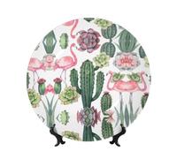 PHAYAH Bone China Decorative Plates with Stand Pink Flamingo Succulent Plants Pattern Round Display Plate for Kitchen Dining Room Wine Cabinet Home Decor 8in