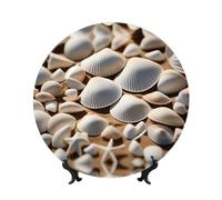 PHAYAH Bone China Decorative Plates with Stand Seashells By The Beach Pattern Round Display Plate for Kitchen Dining Room Wine Cabinet Home Decor 8in