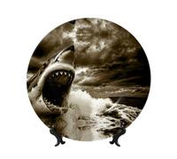 PHAYAH Bone China Decorative Plates with Stand Shark in The Sea Pattern Round Display Plate for Kitchen Dining Room Wine Cabinet Home Decor 8in