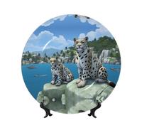 PHAYAH Bone China Decorative Plates with Stand Snow Leopard Endbringer Pattern Round Display Plate for Kitchen Dining Room Wine Cabinet Home Decor 10in