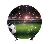 PHAYAH Bone China Decorative Plates with Stand Stadium Football Arena Sports Pattern Round Display Plate for Kitchen Dining Room Wine Cabinet Home Decor 10in
