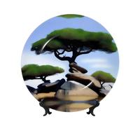 PHAYAH Bone China Decorative Plates with Stand Tree By The Rock Pattern Round Display Plate for Kitchen Dining Room Wine Cabinet Home Decor 8in