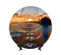 PHAYAH Bone China Decorative Plates with Stand Wine Glass in The Sunset Pattern Round Display Plate for Kitchen Dining Room Wine Cabinet Home Decor 7in
