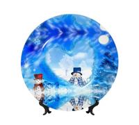 PHAYAH Bone China Decorative Plates with Stand Winter Snowman Pattern Round Display Plate for Kitchen Dining Room Wine Cabinet Home Decor 7in