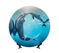 PHAYAH Bone China Decorative Plates with Stand Winter The Dolphin Pattern Round Display Plate for Kitchen Dining Room Wine Cabinet Home Decor 8in