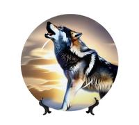 PHAYAH Bone China Decorative Plates with Stand Wolf Growling in The Sky Pattern Round Display Plate for Kitchen Dining Room Wine Cabinet Home Decor 7in