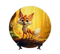 PHAYAH Cartoon Happy Fox Pattern Bone China Decorative Plate 6in Decorative Plates with Display Stand Round Dinner Plates for Home Office Decor