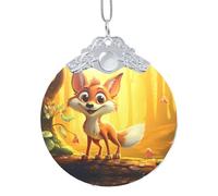 Phayah Cartoon Happy Fox Pattern Christmas Tree Decoration Round Glass Ornaments Suitable For New Year Home For Gatherings Silver Metal Buckle