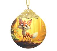 Phayah Cartoon Happy Fox Pattern Christmas Tree Decoration Round Glass Ornaments Suitable For New Year Home For Gatherings Gold Metal Buckle