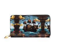 PHAYAH Cartoon Pirate Ship Pattern Women'S Wallet Long Clutch Zip Around Travel Leather Purse Large Capacity Credit Card Holder