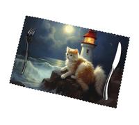 Phayah Cat By Lighthouse Pattern Table Placemats Set Of 6 12x18 Inch Placemats For Party Kitchen Dining Room Decoration Holiday Banquet