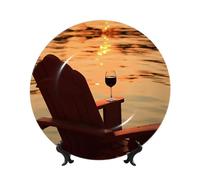 PHAYAH Chair and Wine At Sunset Lake Printing Bone China Decorative Plate Ceramic Dinner Plates Crafts with Vertical Stand for Home Office Decor 8in