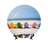PHAYAH Chairs Beside The Blue Sea Sky Printing Bone China Decorative Plate Ceramic Dinner Plates Crafts with Vertical Stand for Home Office Decor 6in