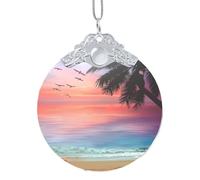Phayah Coconut Palm Tree Sandy Beach Pattern Glass Round Shaped Xmas Tree Ornament Silver Metal Buckle For Family New Year Home Souvenirs Gatherings
