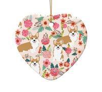 Phayah Corgi Floral Flowers Spring Garden Pattern Ceramic Ornament Christmas Holidays Heart Shape Shaped Porcelain Christmas Tree Hanging