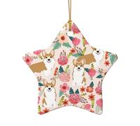 Phayah Corgi Floral Flowers Spring Garden Pattern Ceramic Ornament Christmas Holidays Star Shape Shaped Porcelain Christmas Tree Hanging