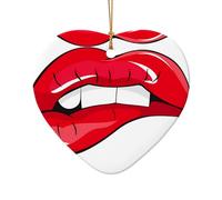 Phayah Cute Graphic Red Lips Pattern Ceramic Heart Shape Xmas Tree Ornament New Year Home Souvenirs For Gatherings Hanging Decoration