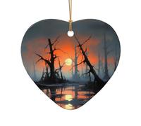 Phayah Dead Tree At Sunset Pattern Hristmas Ceramic Heart Shape Pendant Christmas Tree Ornaments Homefor Gatherings Decoration