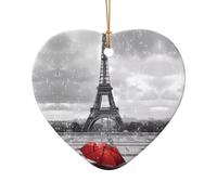 Phayah Eiffel Tower With Red Umbrella Pattern Ceramic Heart Shape Xmas Tree Ornament New Year Home Souvenirs For Gatherings Hanging Decoration