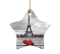 Phayah Eiffel Tower With Red Umbrella Pattern Ceramic Star Shape Xmas Tree Ornament New Year Home Souvenirs For Gatherings Hanging Decoration