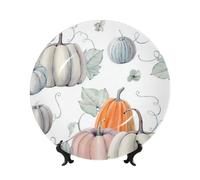 PHAYAH Fall Watercolor Pumpkins Printing Bone China Decorative Plate Ceramic Dinner Plates Crafts with Vertical Stand for Home Office Decor 7in