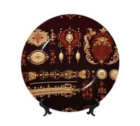 PHAYAH Fine Antique Brass Handle Pattern Bone China Decorative Plate Ceramic Dinner Plates Crafts With Vertical Stand For Home Office Decor 8in