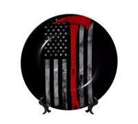 PHAYAH Firefighter Axe Red Line Flag Printing Bone China Decorative Plate Ceramic Dinner Plates Crafts with Vertical Stand for Home Office Decor 7in
