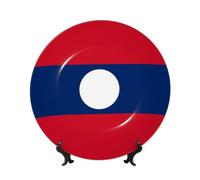 PHAYAH Flag of Laos Pattern Bone China Decorative Plate 10in with Display Stand Dinner Plates for Home Study and Entryway Office Decor
