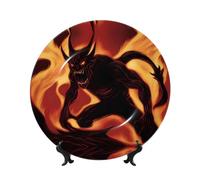 PHAYAH Flame Demon Pattern Bone China Decorative Plate 8in with Display Stand Dinner Plates for Home Study and Entryway Office Decor