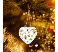 Phayah Flying Bees Daisy Honey Pattern Ceramic Ornament Christmas Holidays Heart Shaped Porcelain Christmas Tree Hanging