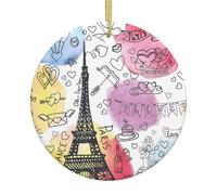 Phayah French Paris Tour Eiffel Tower Pattern Ceramic Round-Shaped Christmas Tree Ornaments, Family New Year Home Souvenirs For Gatherings