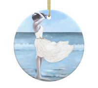 Phayah Girl On A Windy Beach Pattern Ceramic Round-Shaped Christmas Tree Ornaments, Family New Year Home Souvenirs For Gatherings