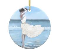 Phayah Girl On A Windy Beach Pattern Ceramic Round-Shaped Christmas Tree Ornaments, Family New Year Home Souvenirs For Gatherings