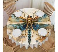 PHAYAH Golden Delicate Dragonfly On Yellow Background Pattern Tablecloth Laciness Round 60 Inch Table Fabric Farmhouse Decorative for Holiday Home Party Buffet Party