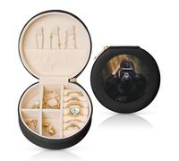 PHAYAH Gorillas Round Travel Jewelry Box, Leather Jewelry Ring Organizer For Girls, Ladies（Black）