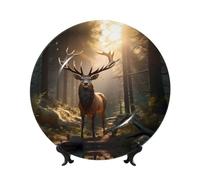 PHAYAH King Elk Pattern Bone China Decorative Plate 8in with Display Stand Dinner Plates for Home Study and Entryway Office Decor