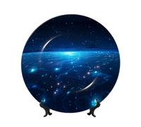 PHAYAH Milky Way Pattern Bone China Decorative Plate 10in Decorative Plates with Display Stand Round Dinner Plates for Home Office Decor