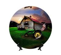 PHAYAH Old Tractor Photo Farm Pattern Bone China Decorative Plate Ceramic Dinner Plates Crafts with Vertical Stand for Home Office Decor 6in