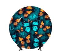 PHAYAH Orange and Blue Butterfly Pattern Bone China Decorative Plate Ceramic Dinner Plates Crafts with Vertical Stand for Home Office Decor 7in