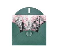 PHAYAH Paris Street Eiffel Tower Pink Floral Pattern Blank Greeting Cards 10 With Dark Green Envelopes For Christmas, Wedding Anniversaries And Party Invitations