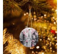 Phayah Paris Street Eiffel Tower Pink Floral Pattern Hristmas Ceramic Round Pendant Christmas Tree Ornaments Homefor Gatherings Decoration