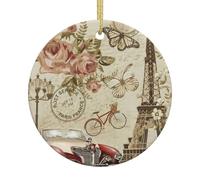 Phayah Paris Vintage Postcard Pattern Ceramic Round-Shaped Christmas Tree Ornaments, Family New Year Home Souvenirs For Gatherings