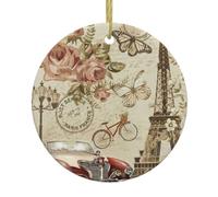 Phayah Paris Vintage Postcard Pattern Ceramic Round-Shaped Christmas Tree Ornaments, Family New Year Home Souvenirs For Gatherings