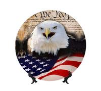 PHAYAH Patriotic Bald Eagle with American Flag Printing Bone China Decorative Plate Ceramic Dinner Plates Crafts with Vertical Stand for Home Office Decor 7in