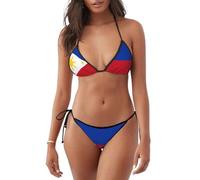 PHAYAH Philippine Flag Women's String Two Piece Halter Top Triangle Bikini with Tie Sexy Swimsuit Bathing Suits L Black