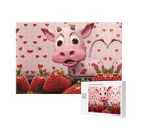 Phayah Pink Cow with Strawberries Puzzles 300 Piece for Jigsaw Puzzle Wooden Puzzle for Family Friend Home Decor Wall Art 15.7 X 11in